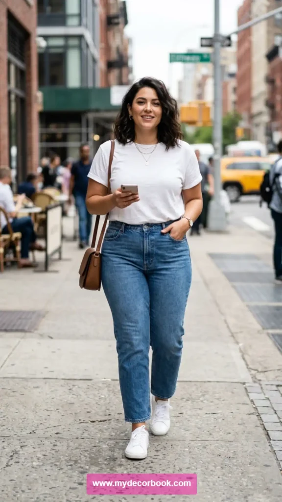 1. Classic Plus Size White T Shirt With Blue Jeans