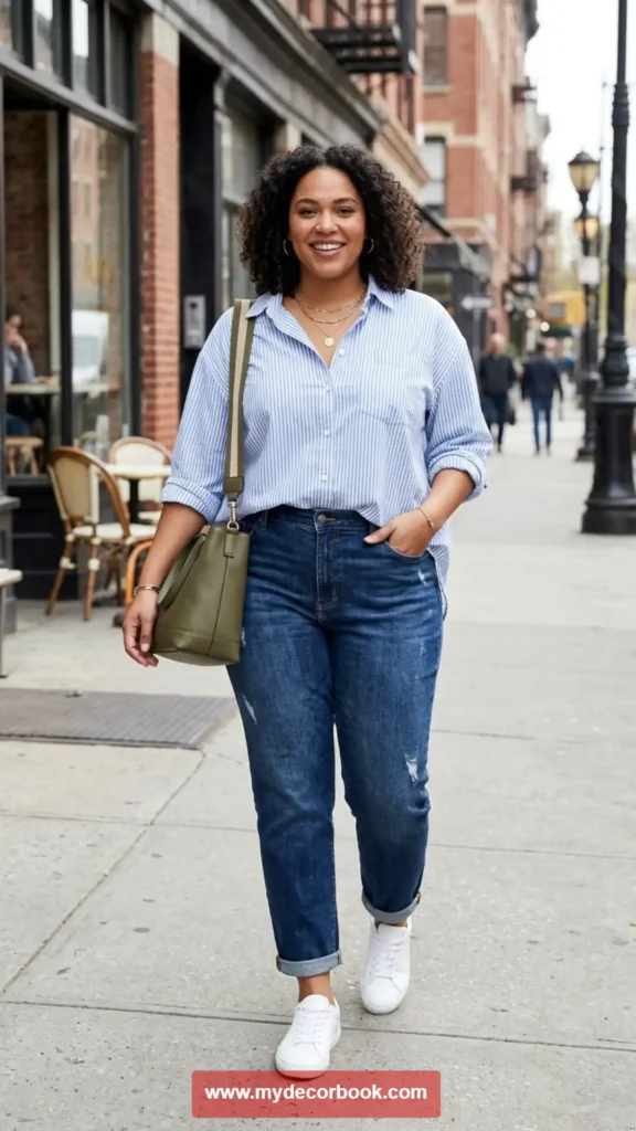 1. High-Waisted Jeans with a Relaxed Fit Shirt