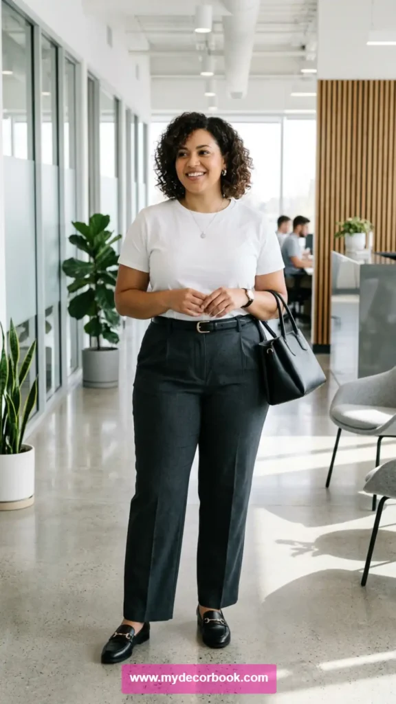 1. Plus Size White T Shirt With High-Waisted Trousers