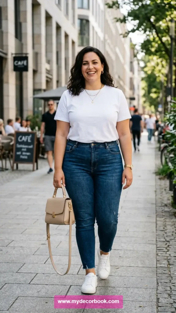1. White Plus Size T Shirt With High-Waisted Jeans
