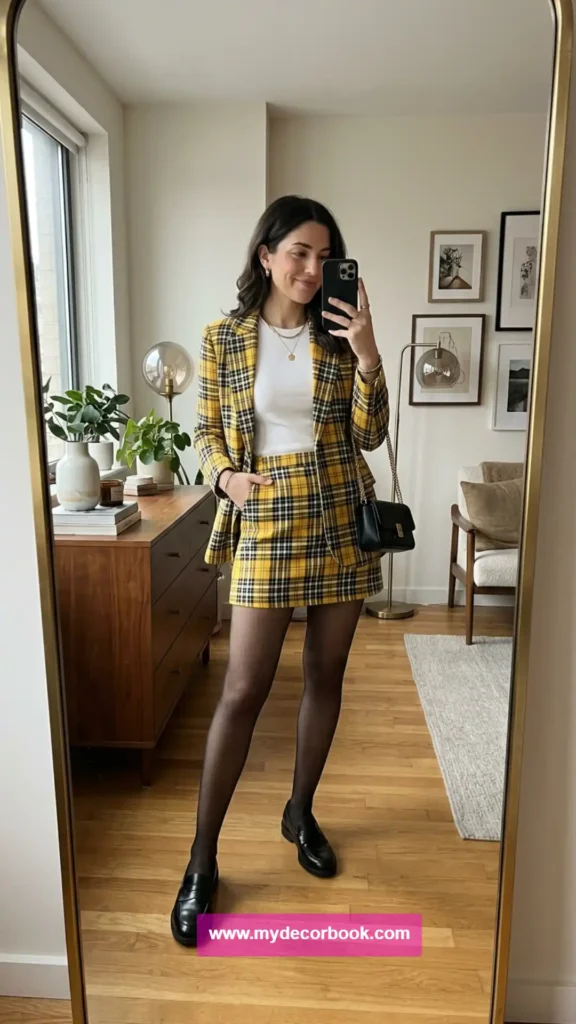 1. Yellow Plaid Blazer and Mini Skirt Set