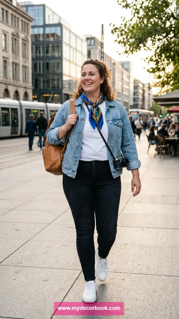 10. Plus Size T Shirt With Denim Jacket and Black Jeans