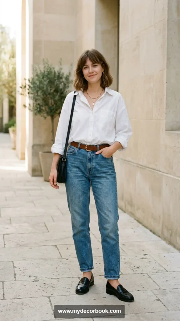 10. White Button-Up Shirt With Vintage Jeans