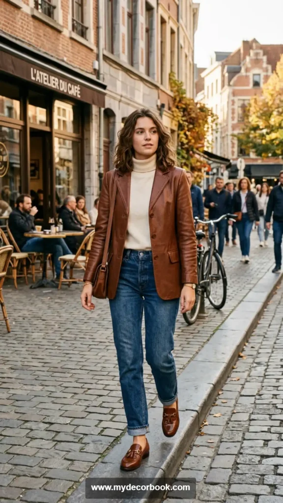 11. Brown Leather Blazer With Jeans