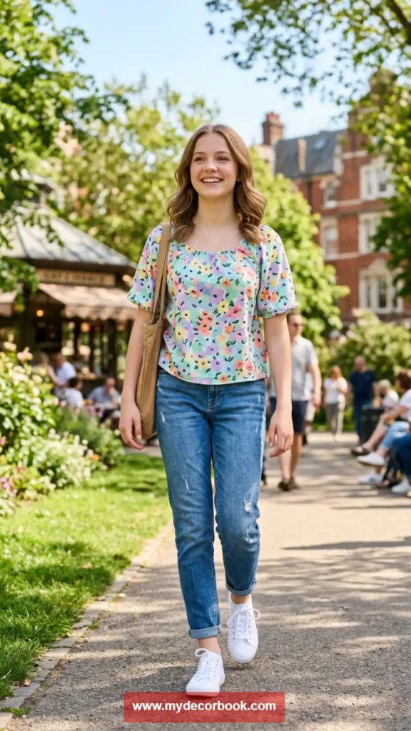 12. Floral Top with Denim Jeans