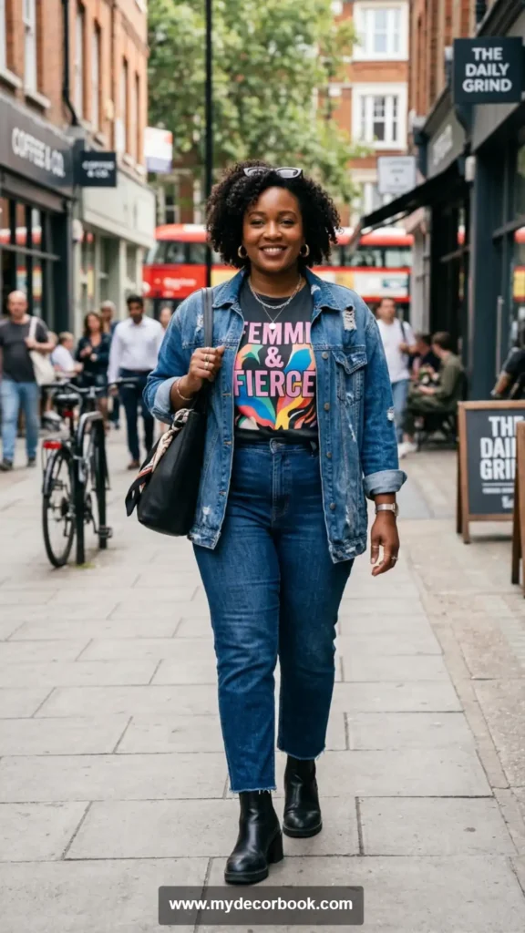 12. Plus Size Graphic Tee With Denim Jacket