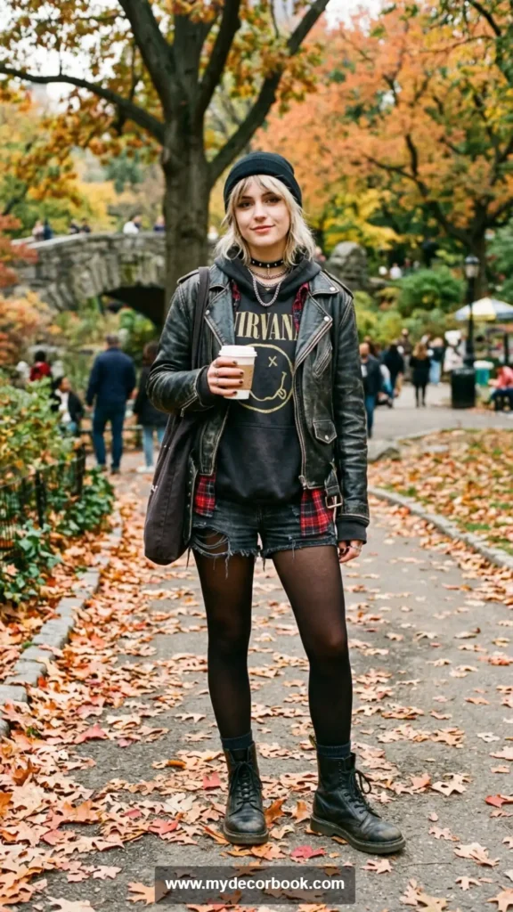 12. Vintage Band Hoodie With Shorts and Tights