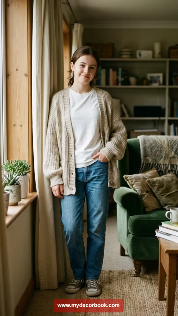 14. Cardigan with Basic Top and Jeans