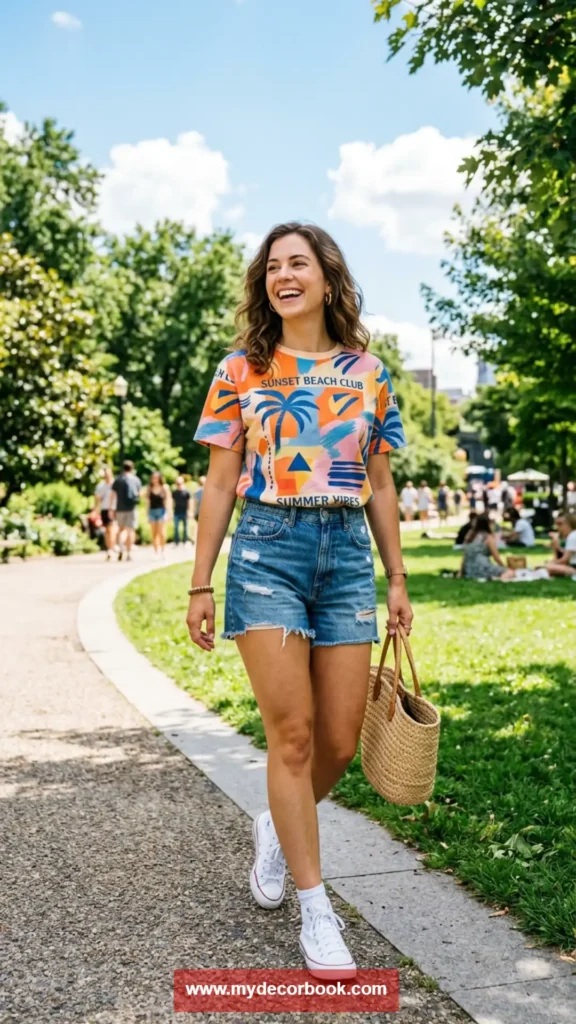 14. Graphic T-Shirt with Denim Shorts