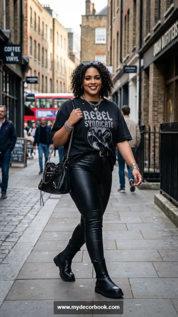 14. Oversized T Shirt with Leather Pants for Edgy Fashion