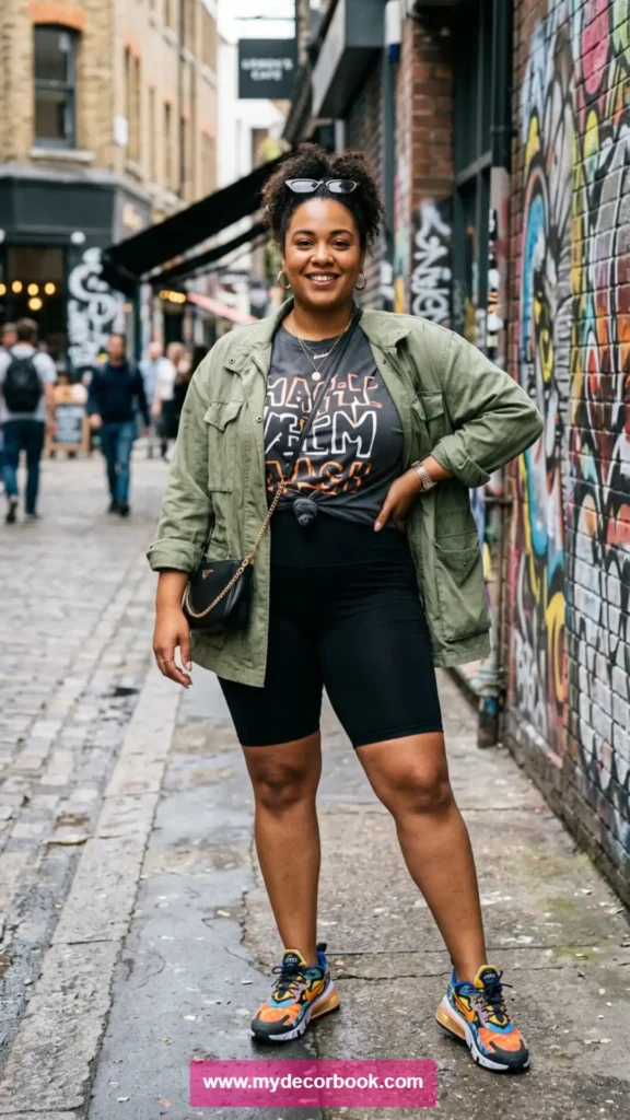 15. T-Shirt With Plus Size Cycling Shorts and Jacket