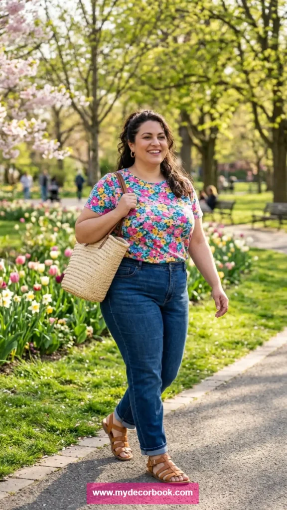 16. Floral T Shirt With Denim Jeans