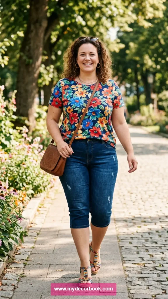 17. Floral T-Shirt With Denim Capris