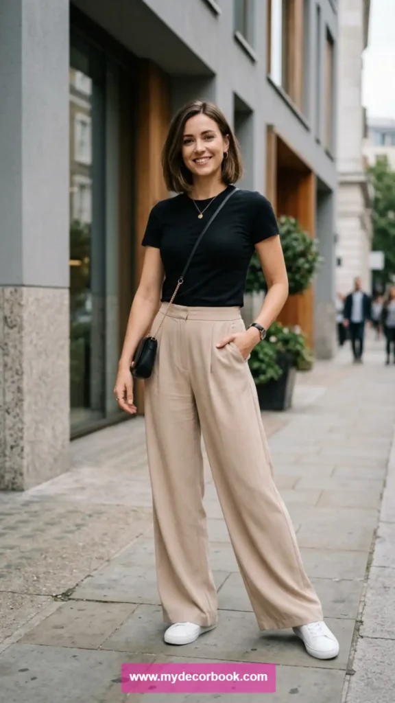 2. Black T Shirt With Beige Wide-Leg Pants