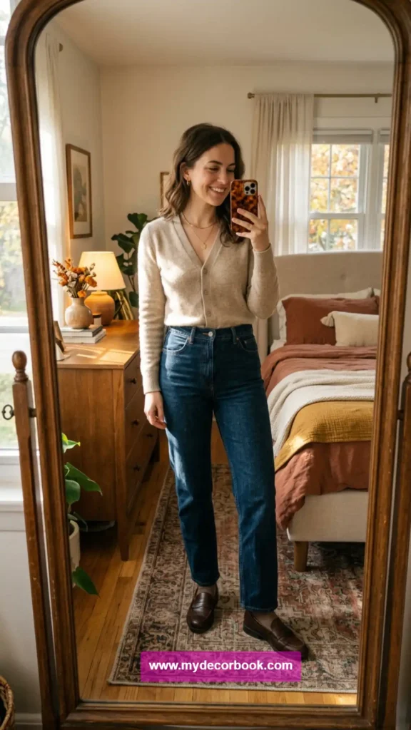 2. Cardigan With High Waist Jeans