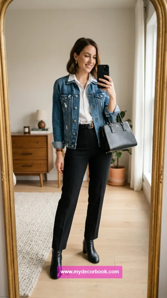 2. Denim Jacket Layered Over Office Basics