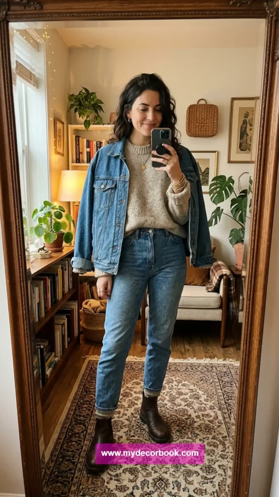 2. Oversized Denim Jacket With Vintage Sweater