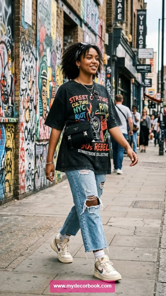 2. Oversized Graphic T Shirt With Distressed Jeans
