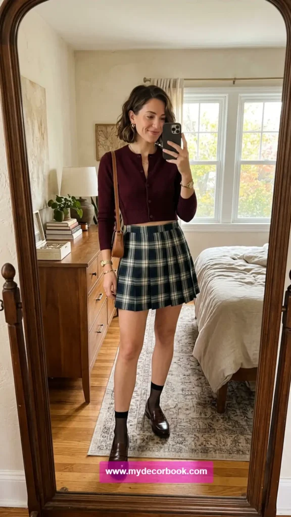 2. Pleated Plaid Skirt With a Cropped Cardigan