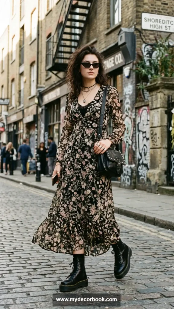 21. Combat Boots With Floral Maxi Dress