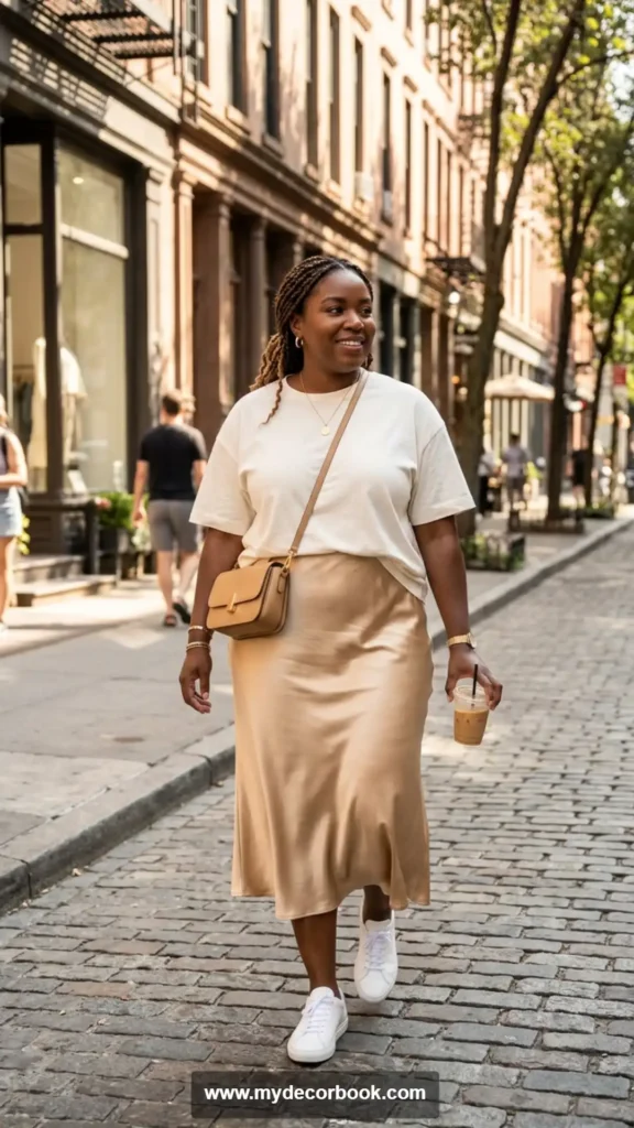 23. Oversized T Shirt with Satin Skirt for Elevated Casual