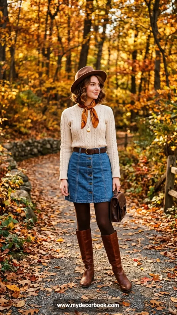 24. Denim Skirt With Knee-High Boots