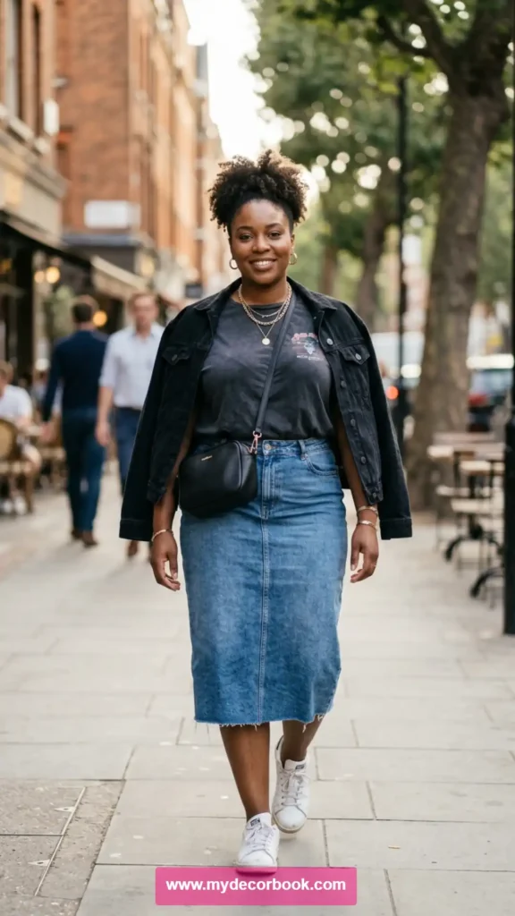 26. Plus Size T Shirt With Denim Skirt
