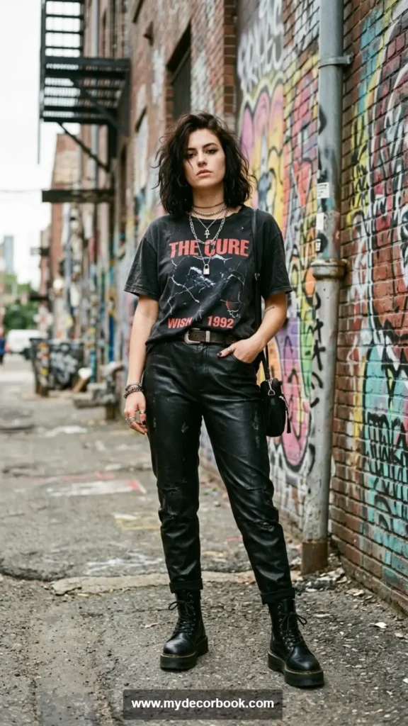 29. Vintage Band Tee With Leather Pants