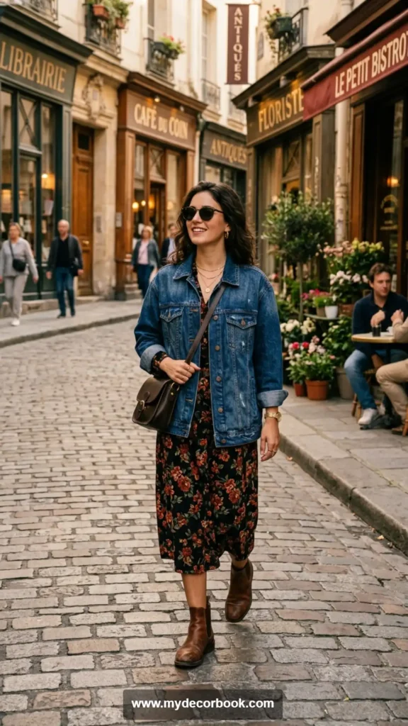 3. Denim Jacket Over a Floral Dress