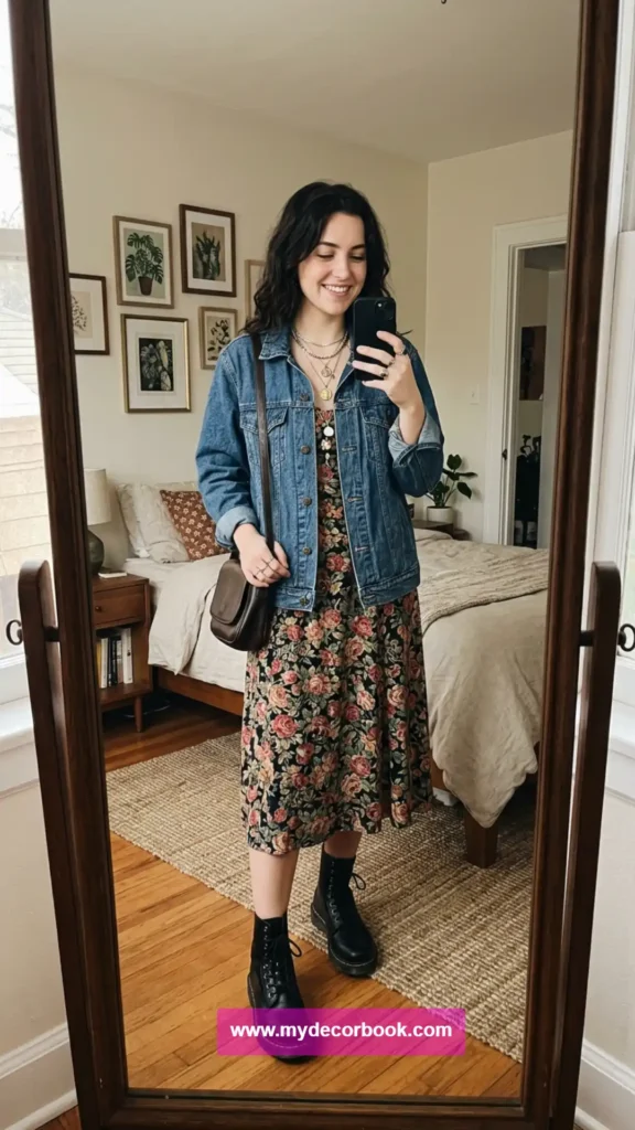 3. Denim Jacket With Floral Dress And Boots