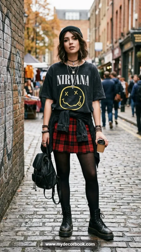 3. Plaid Skirt With Band T-Shirt