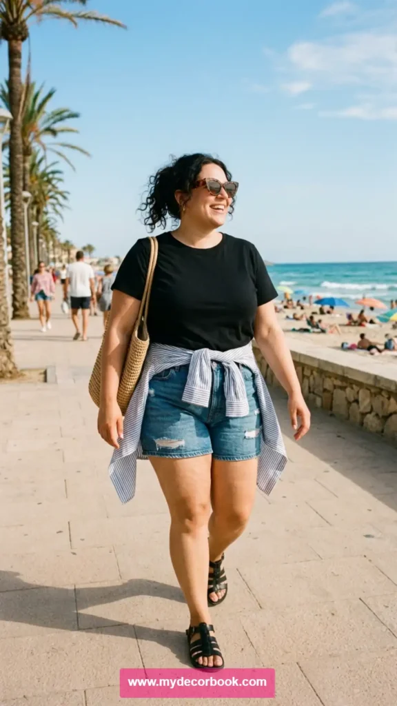 3. Plus Size Black T Shirt With Denim Shorts for Summer Travel