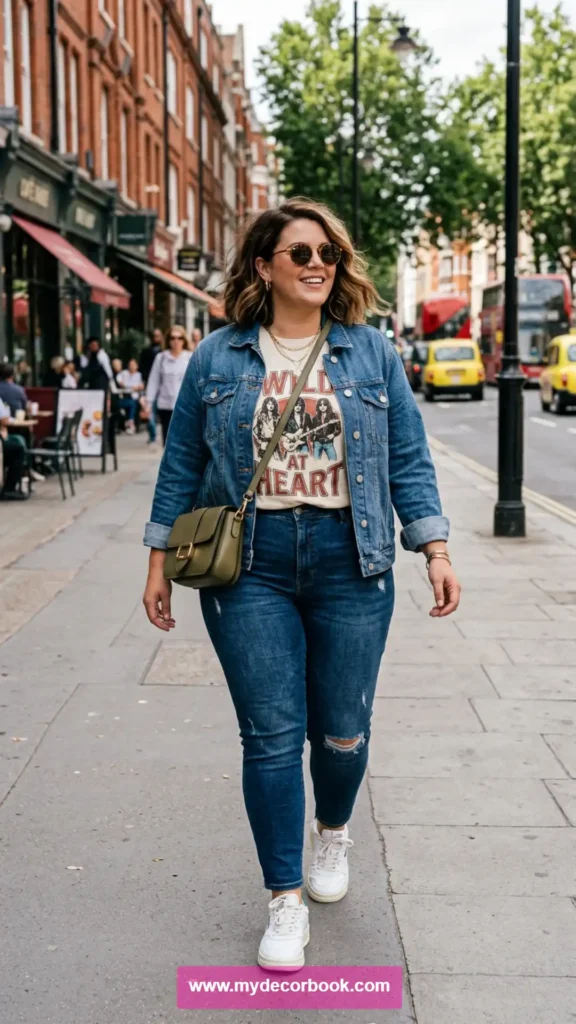 3. Plus Size Graphic T Shirt With Denim Jacket