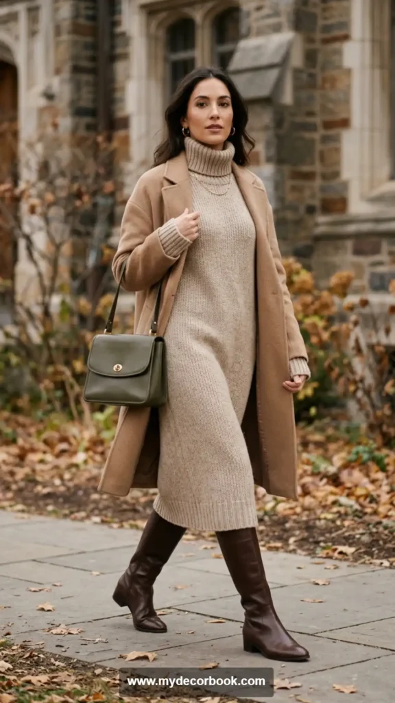 30. Cozy Turtleneck Dress With Boots