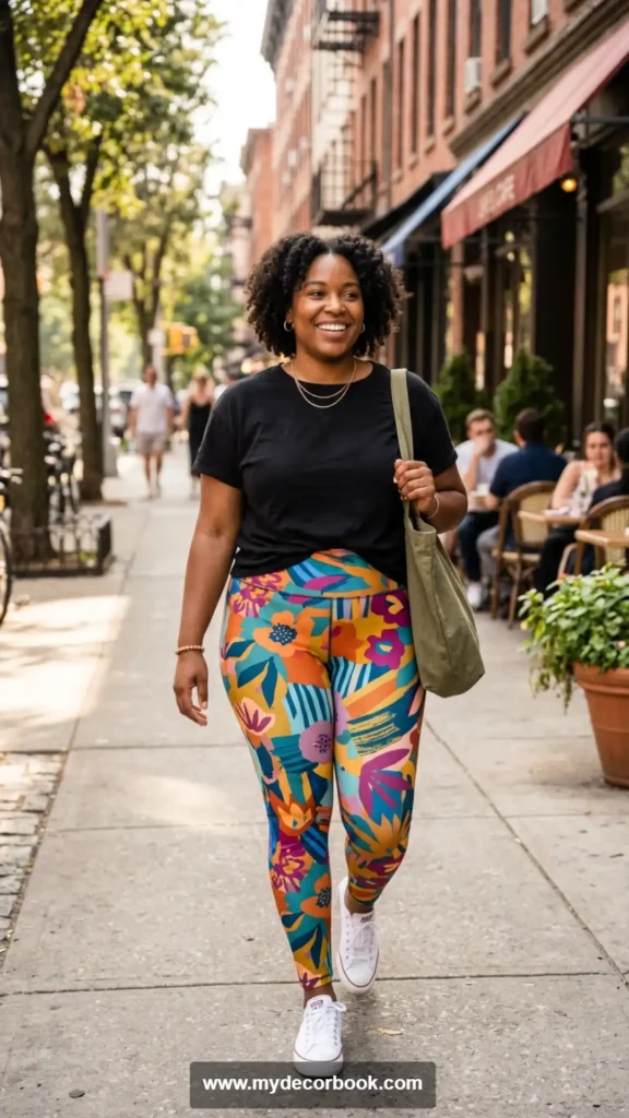 4. Black T-Shirt and Printed Leggings for a Fun Casual Outfit