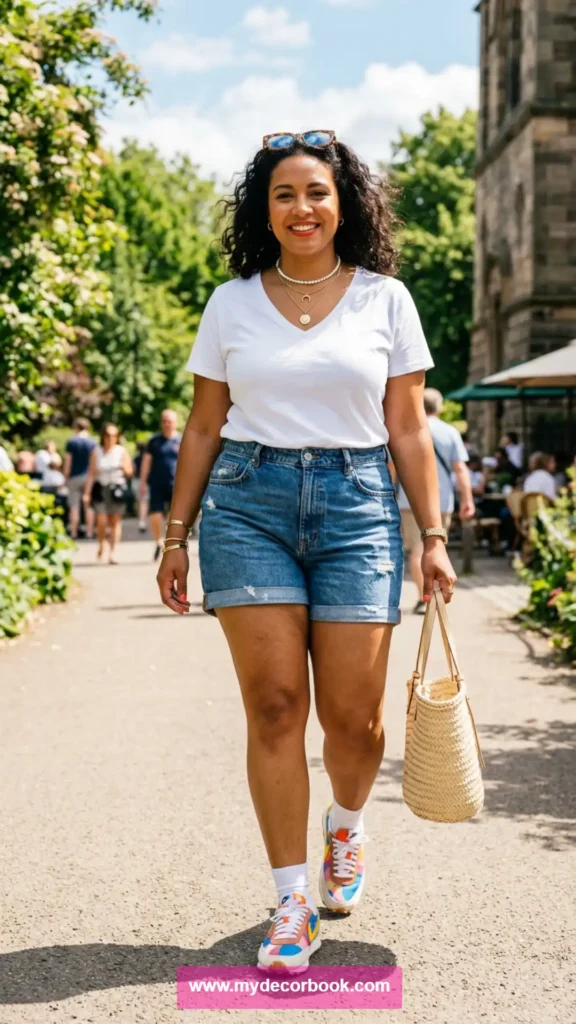 4. Plus Size White T Shirt With Denim Shorts