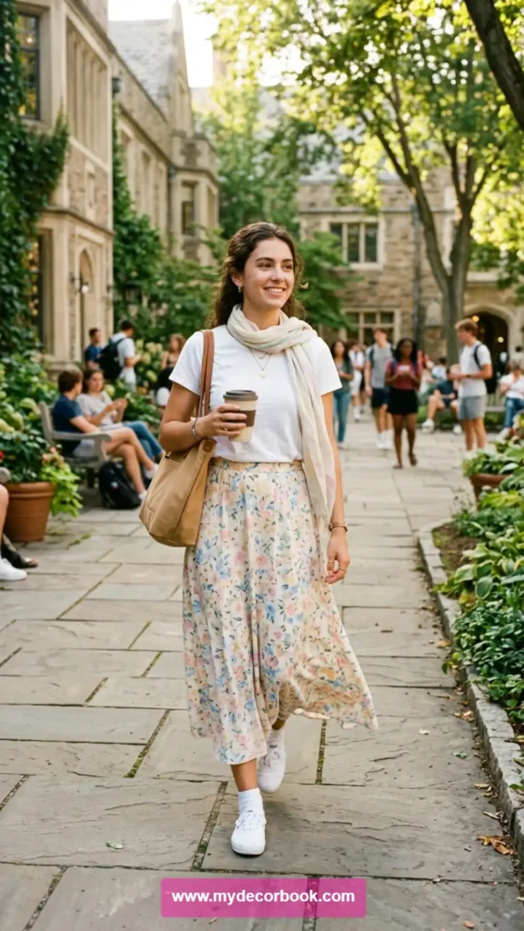 4. T-Shirt With Long Skirt for a Feminine Look