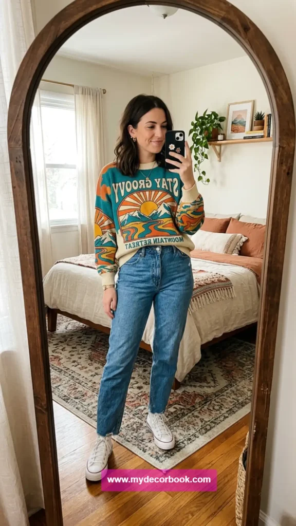 4. Vintage Graphic Sweater With Mom Jeans