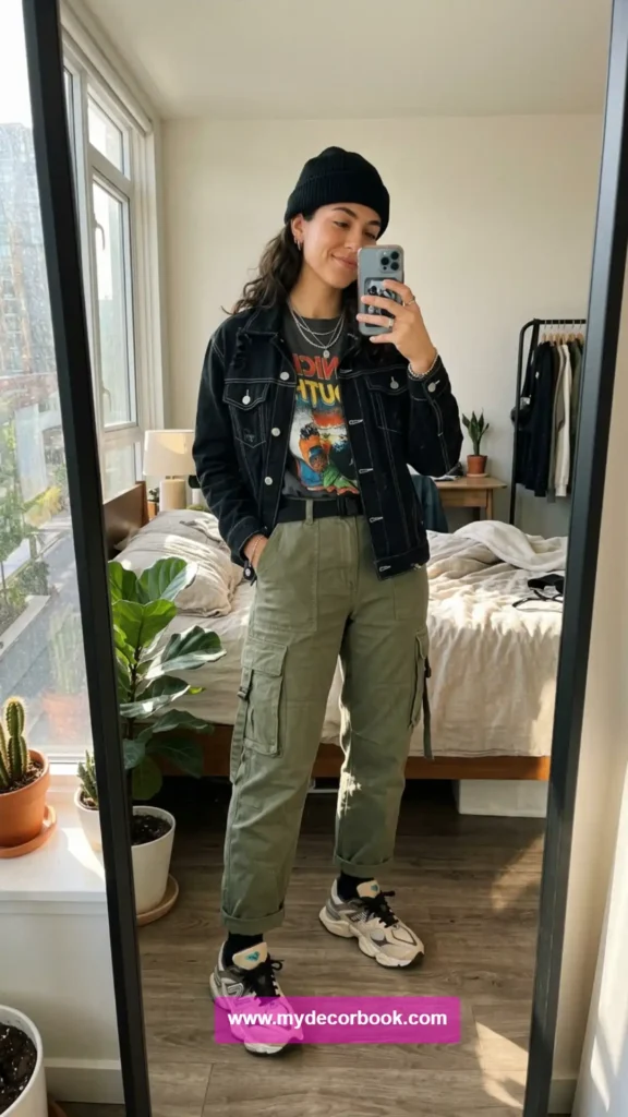 5. Black Denim Jacket With Cargo Pants