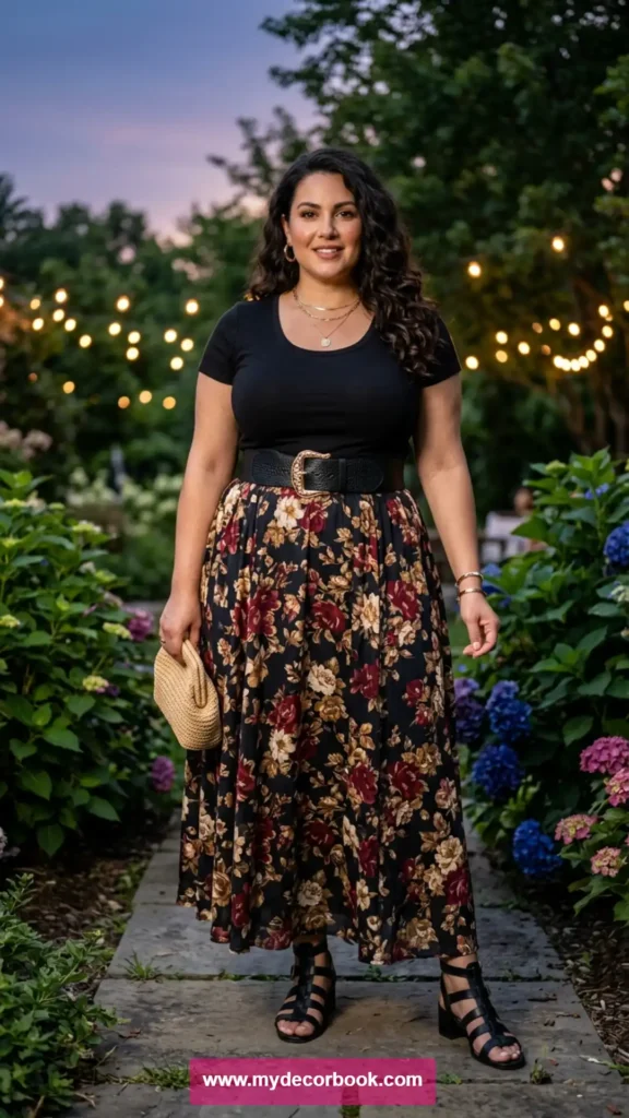 5. Black T-Shirt With Printed Maxi Skirt