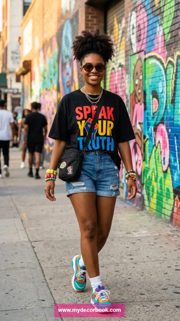 5. Graphic T Shirt With Denim Shorts And Sneakers