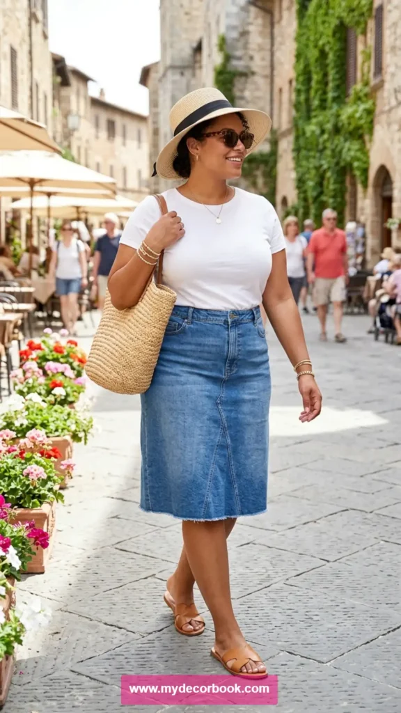 6. T-Shirt And Denim Skirt Combination