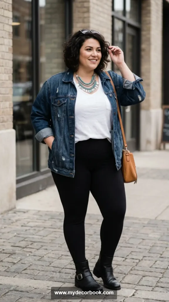 7. Denim Jacket Layered Over T-Shirt and Leggings