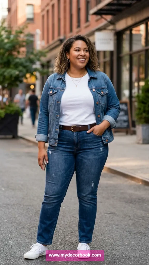 7. Plus Size T Shirt And Denim Jacket Layering