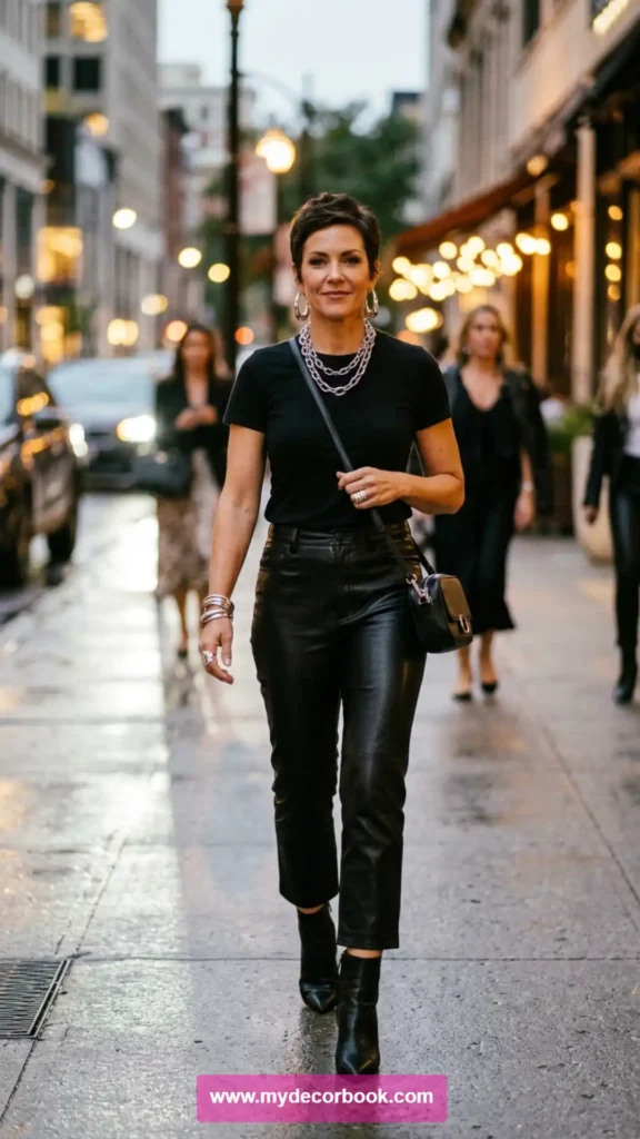 8. Black T Shirt With Leather Pants