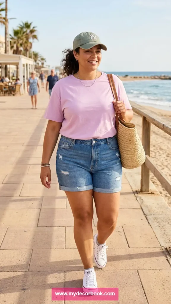 8. Plus Size T-Shirt With Denim Shorts and Sneakers