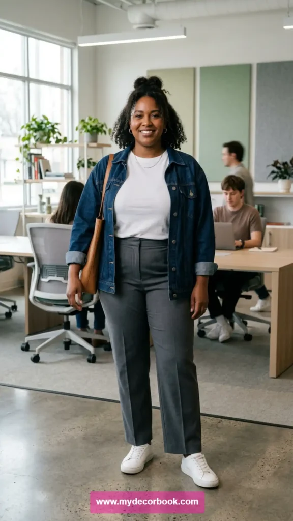 9. Denim Jacket Over T Shirt and Office Pants