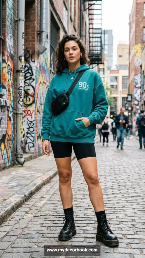 9. Oversized Hoodie With Bike Shorts And Boots