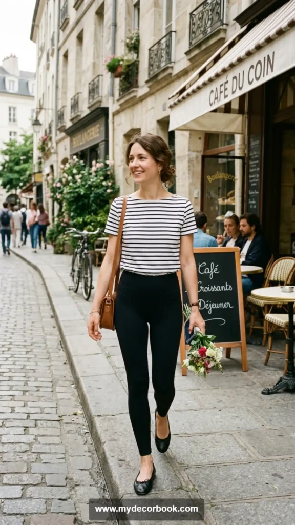 9. Striped T-Shirt with Black Leggings for French-Inspired Style