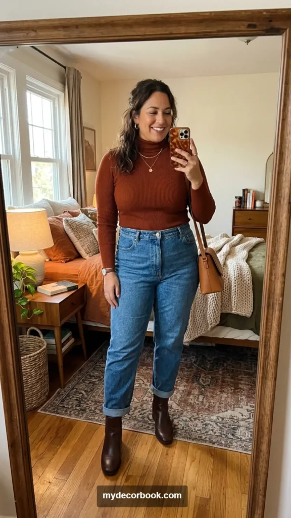 1. High-Waisted Mom Jeans With a Ribbed Turtleneck